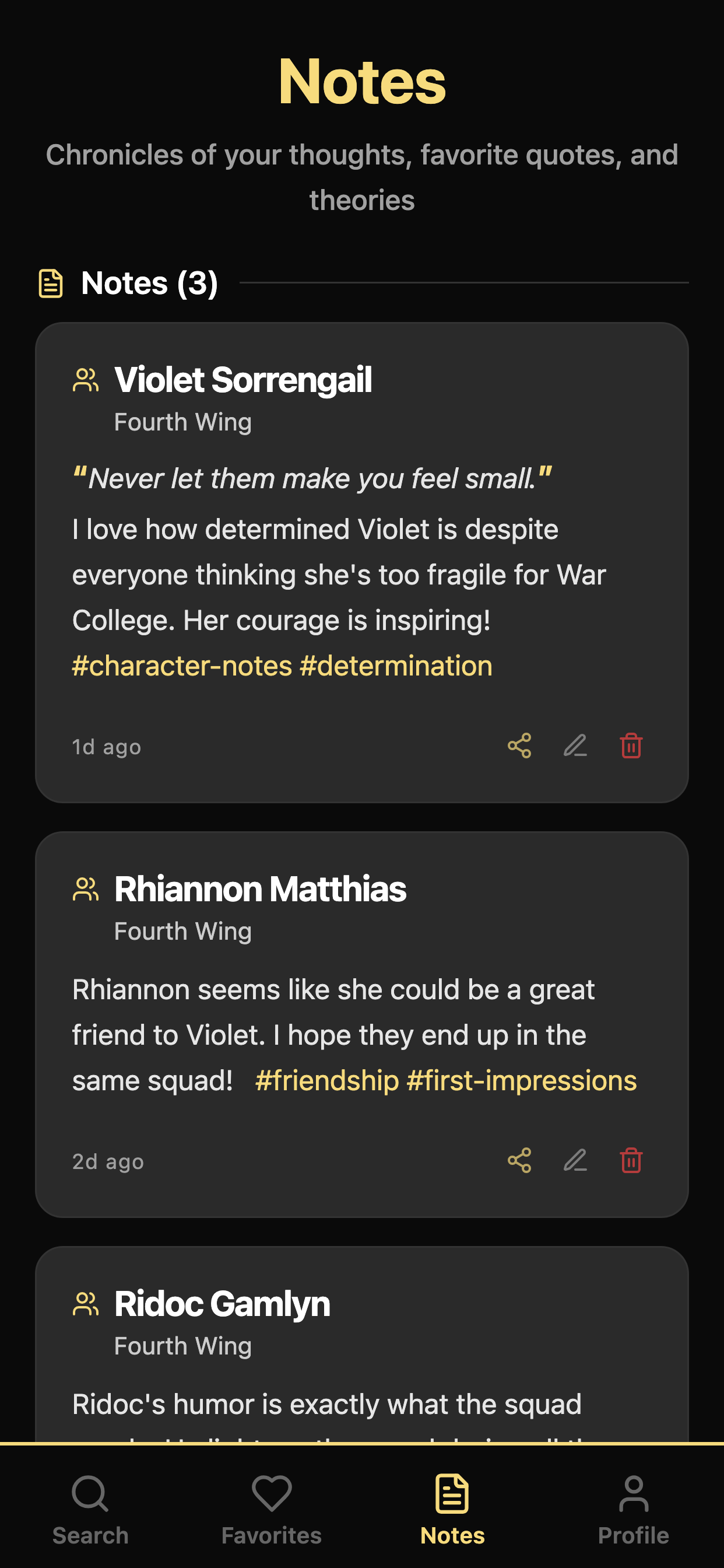 Personal notes with quotes and tags